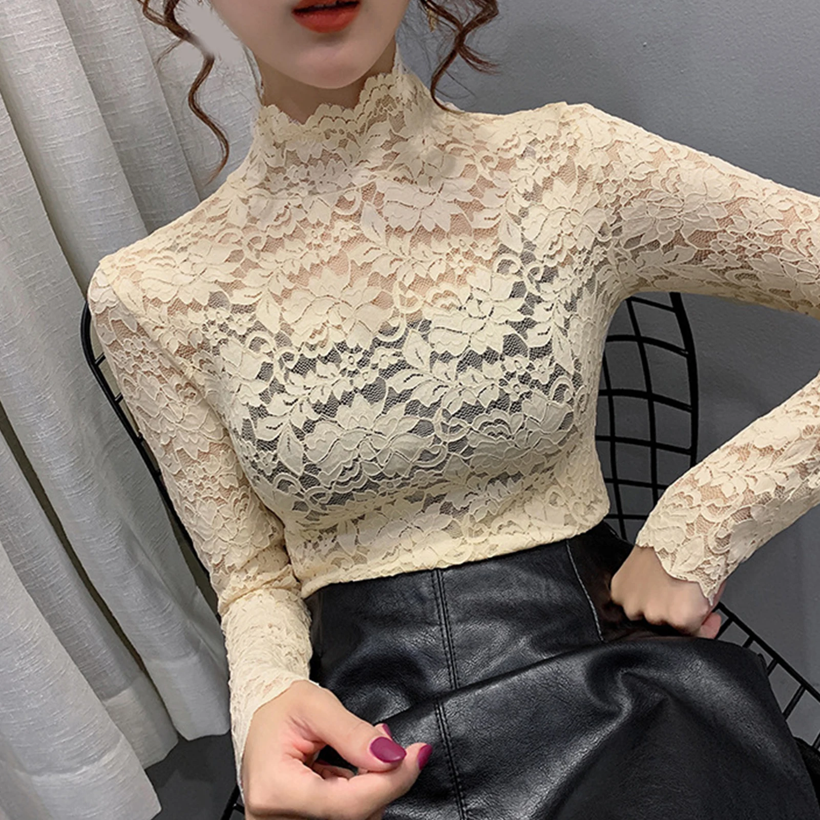 Spring Autumn Elegant Women Blouse 2021 Turtle Neck Long Sleeve Floral Lace Blouse Top Slim Base Blouse Black xxl fashion