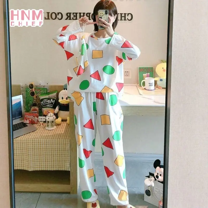 Women Korean Cute Casual Long Sleeve Autumn Student Cartoon Print Pijama Sinchan Hombre Home Comfort Cotton Pajama Sets Sinchan