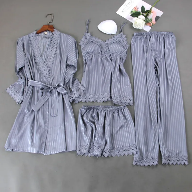 Women Sleep Set Satin Striped 4PCS Pajamas Suit Pijamas New Sexy Kimono Bathrobe Gown Home Clothes Lace Patchwork Sleepwear