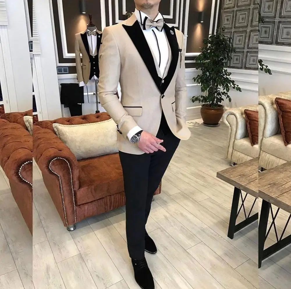 Customize Design Beige Men Wedding Tuxedos Peak Lapel One Button Groom Tuxedos Men Wedding Dress Wear (Jacket+Pants+Vest)