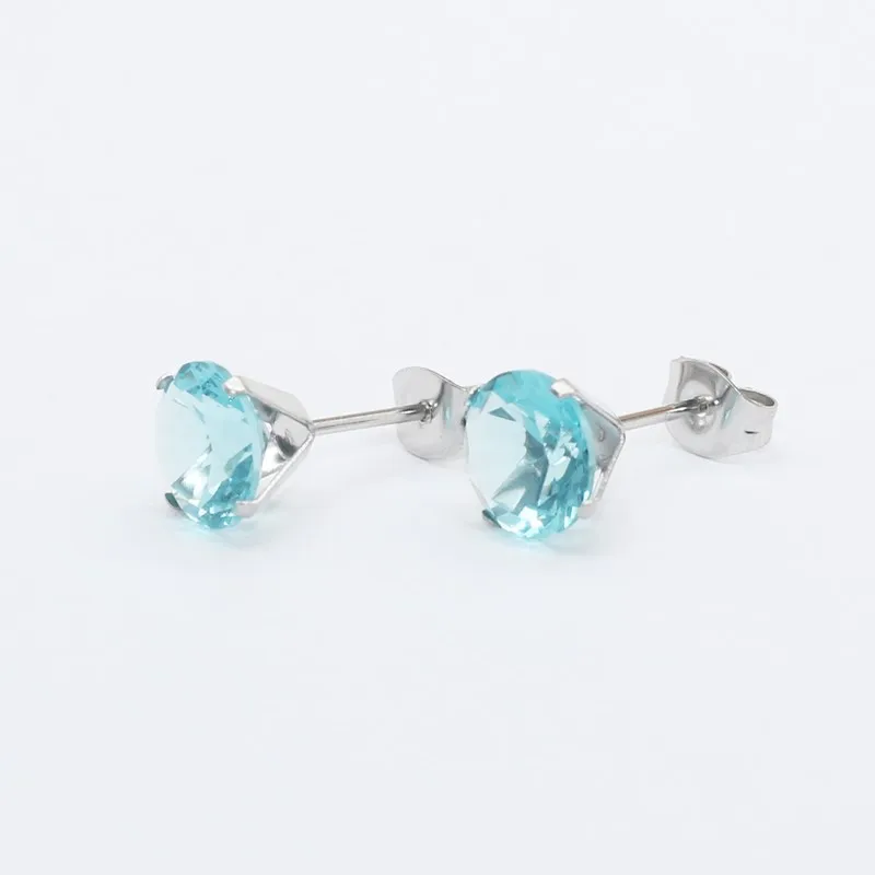 Size 3mm to 8mm 316L Stainless Steel Lake Blue Color Round Zircon Stud Earrings  No Fade Allergy Free Brief Jewelry