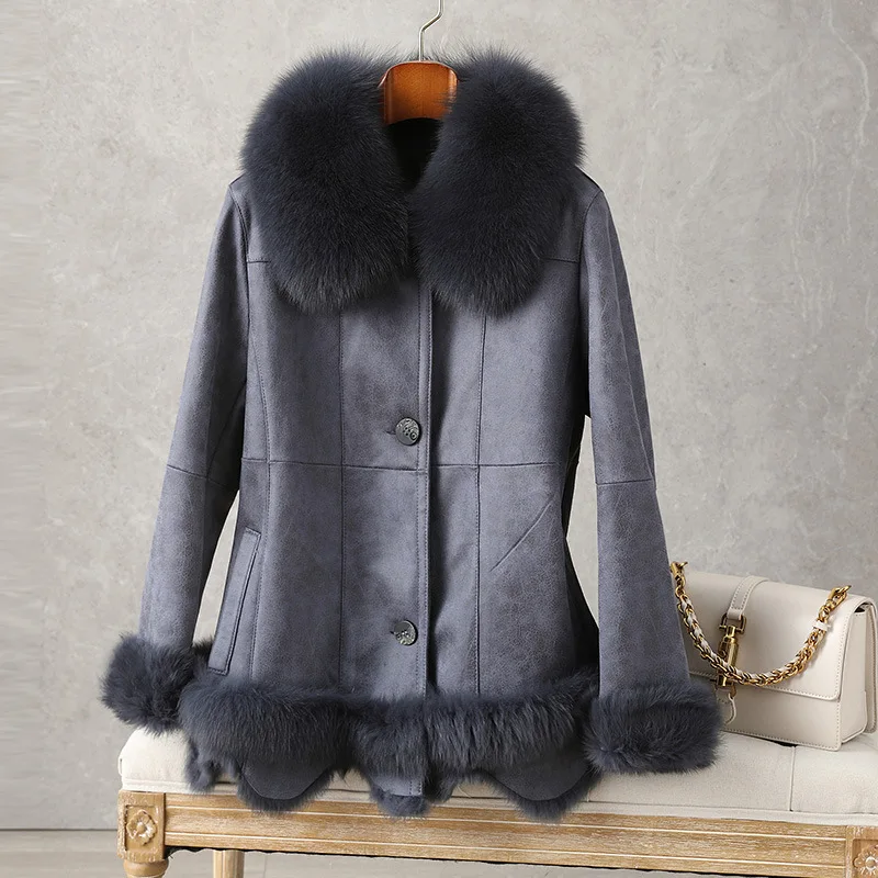 2021 New Whole Skin Rabbit Fur Overcoat one piece Double Face Fur Jacket Female Short Fox Fur Collar Coat Fashion Winter Warm