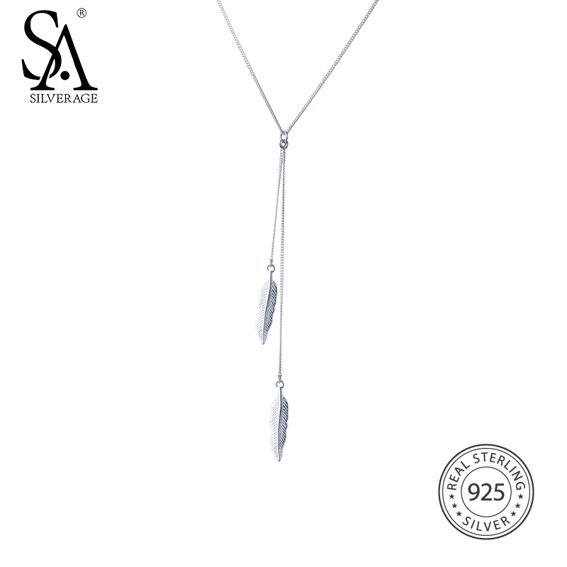 SA SILVERAGE  Fine Jewelry Silver Wedding Pendants For Women Feather Tassel Pendant Necklace Real 925 Sterling Silver Necklaces