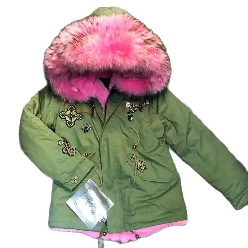 Army Green Parka Lovely Pink Lining Coat For Girls Beading Garment With Pink Collar Fashion Winter Outwear