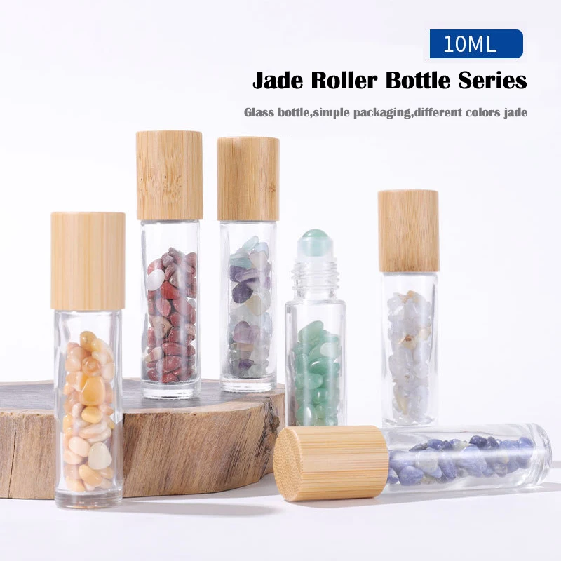 10Pcs 10ml Essential Oil Roll On Bottles Glass Natural Jade Roller Bottle with Crystal Chip Perfume Refillable Bottle Containers