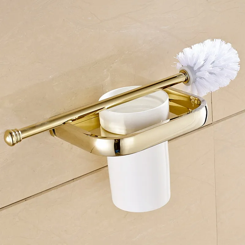 Luxury Gold Brass Square Wall Mounted Toilet Brush Holder For Bathroom Accessories Set Bath Products