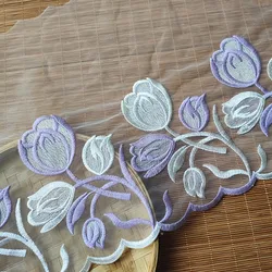 1Yard Pink Purple Tulip Flower LaceTrim Dress Wedding Lace Ribbon Fabric Applique Baby DIY Embroidered Sewing Craft 25cm Width