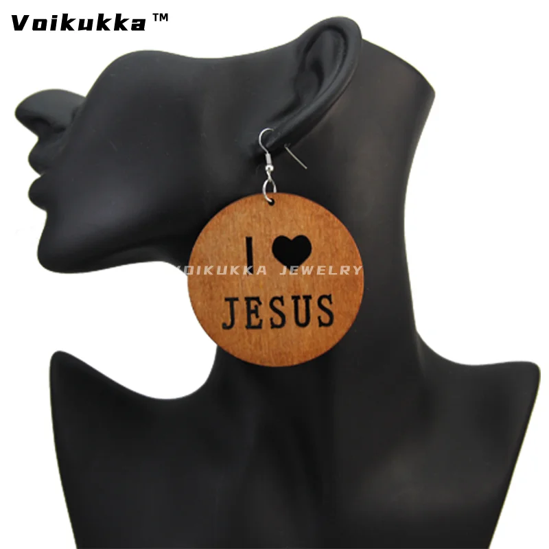 VOIKUKKA Jewelry Round Drop Pendants Laser Cutting Hollow Out I Love Jesus African Map Natural Wooden Ethnic Women Earrings