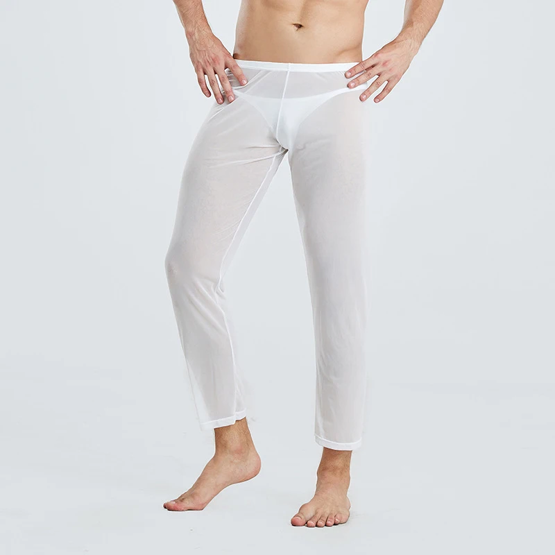 Men Long Pants Mesh Sheer Pajama Pants Sexy Underwear Stretch Pants See Through Thin Breathable Loose Sleepwear Lounge Homwear