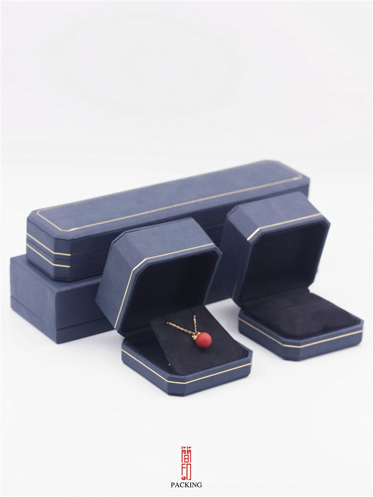 Boutique Blauwe Kleur Achthoekige Sieraden Verpakking Dozen Met Gouden Sideline Ring Hanger Case Mooie Ketting Box Groothandel