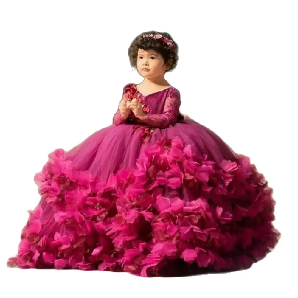 Kids Formal Wear Girls Pageant Birthday Christmas Baby Children Party Dress Flower Girls Dresses V-Neck Long Sleeve New Custom