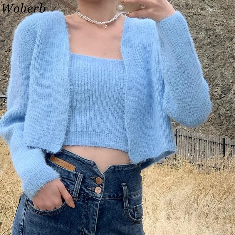 Woherb Women Mohair Two Piece Set Korean Spring Autumn Crop Tank Strap Vest + Thin Long Sleeve Knitted Cardigan Pull 2024 Chic