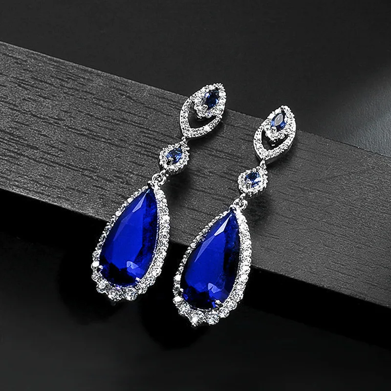 HUAMI Long Dangle Drop Earrings for Women Wedding Jewelry Fashion CZ Zirconia Water Shape Multicolor Earring Gift  Blue Red