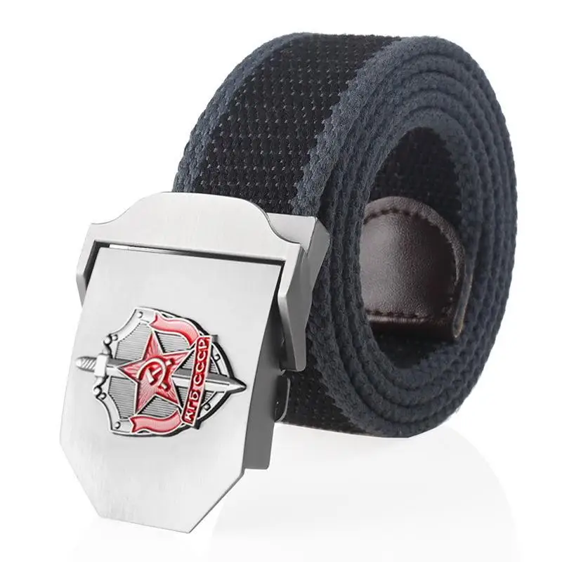 SupSindy Man Canvas Belt 3D Soviet Glory KGB Metal Buckle Jeans Belts for Men CCCP Army Military Tactical Belts Male Strap Black
