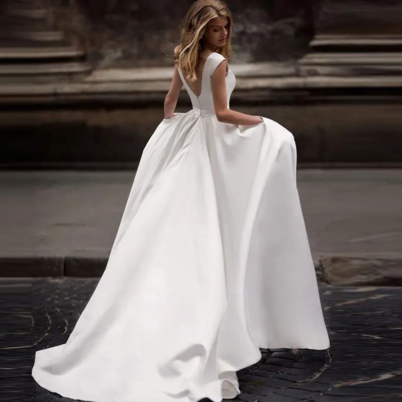 VENSANAC Simple Satin A Line Wedding Dresses O Neck Sweep Train Backless Bridal Gowns with Sashes