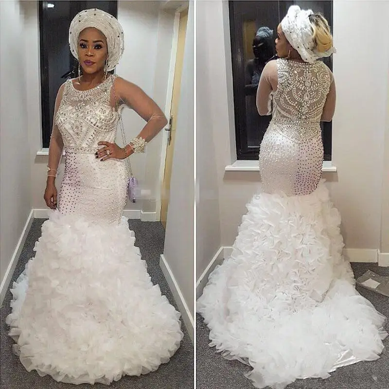 

African Nigeria Mermaid Wedding Dresses Plus Size Jewel Neck Bling Crystal Beaded Organza Ruffles Tiered Custom Formal Bridal