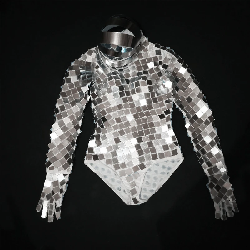 Silver Mirror Bodysuit Gloves Headdress Women Space Dance Outfit Bar Nightclub Female DJ Singer Jazz Team Performance Costume