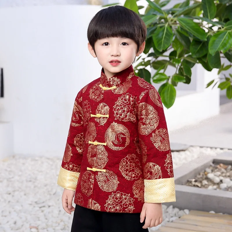 

2021 Children Coat Chinese Style Costume Baby Boys Tang Clothes Kids Coats Boy Outfits Outwear Tops Mink Hair Chinese Knot 2-14