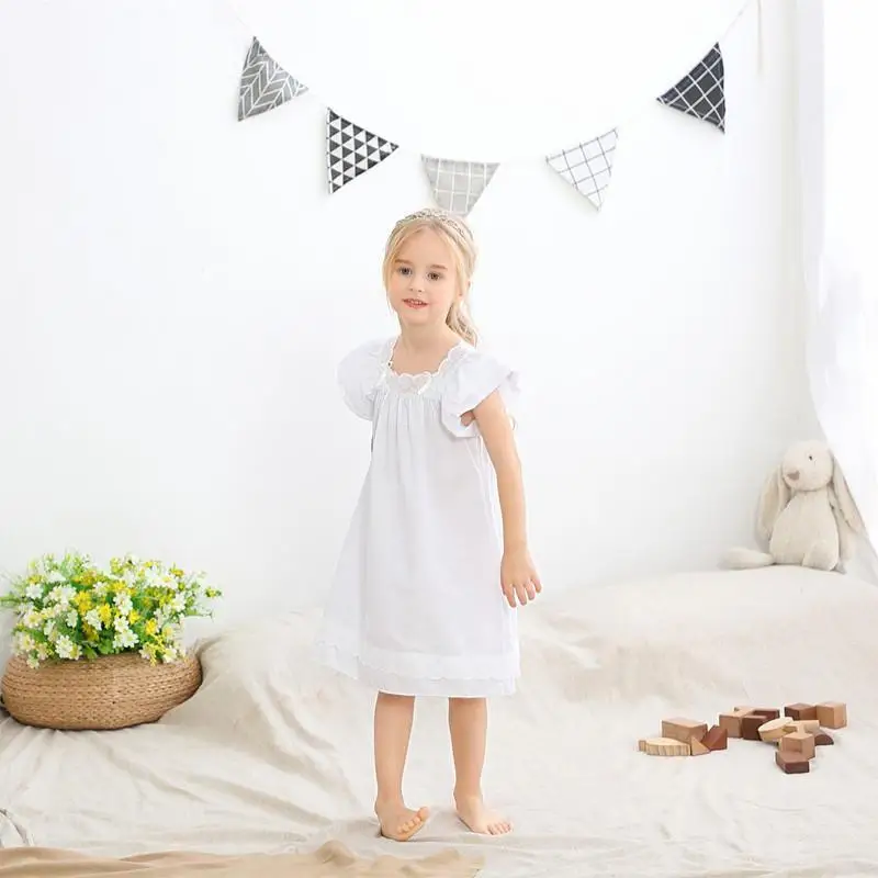 Meisjes Katoenen Zomer Kinderen Hof Stijl Mooie Baby Nachtkleding Pyjama Korte Mouwen Borduren Kant Meisjes Prinses Slaap Jurk