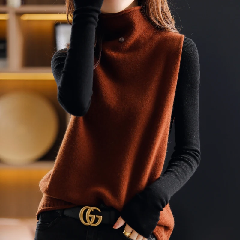 Popular Spring And Autumn Women's Turtleneck Knitted Sweater Sleeveless Pullover Vest Loose Fashion Versatile Western Style Top