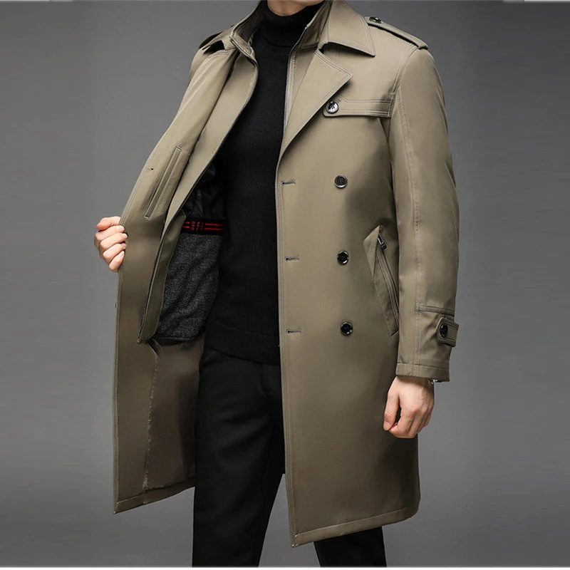 New Trench Coat Men Long Liner Detachable Smart Casual Windbreakers Mens Long Jackets Solid Color Turn Down Collar Trench Coat