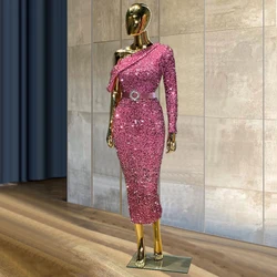 Tea Length Fuchsia Women vestiti donna eleganti vestidos de fiesta de noche One Sleeve graduaciones|-f-| vestido...