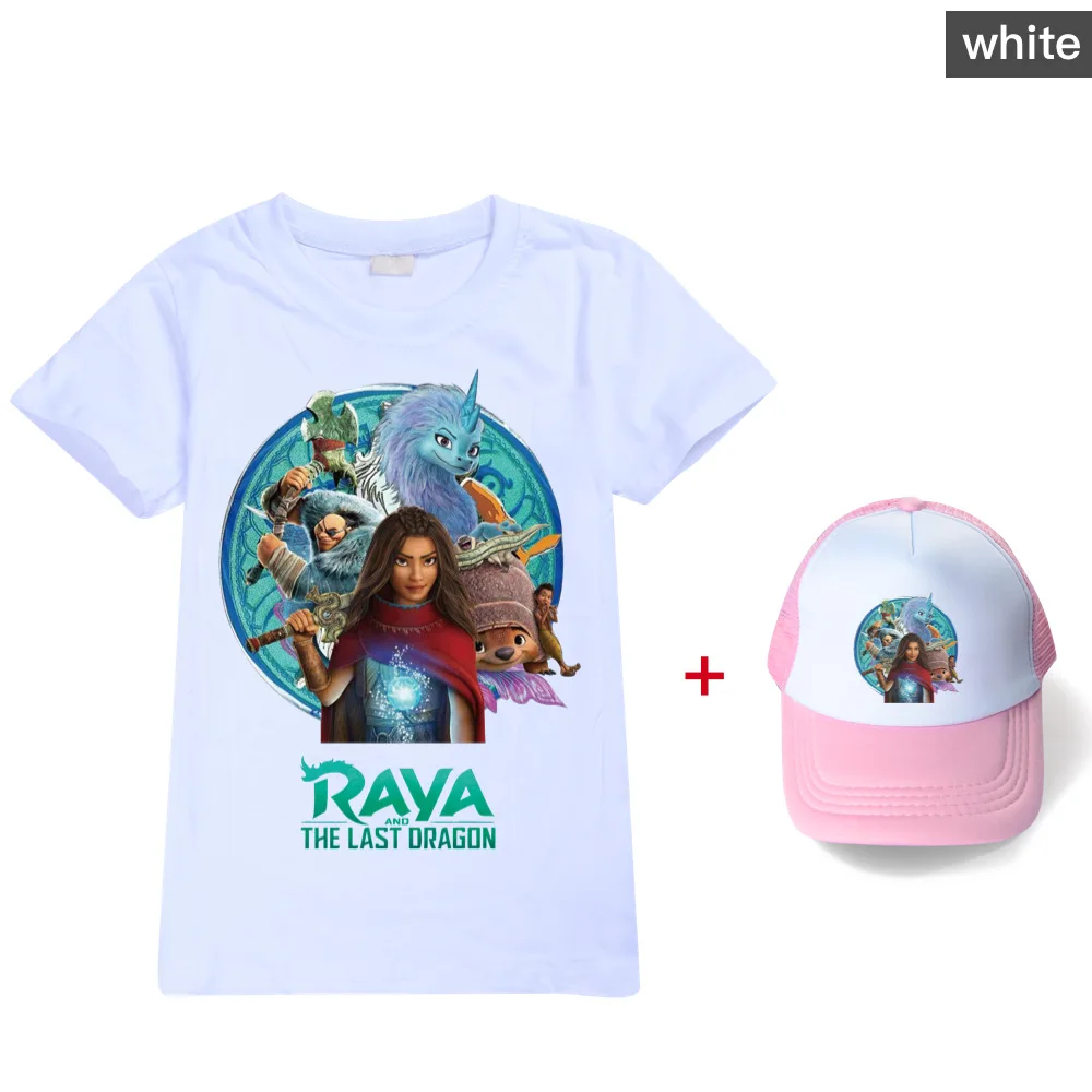 Camiseta de algodón con dibujos de Raya y el último dragón para niñas, ropa de verano, Tops de manga corta, trajes para niños con gorro