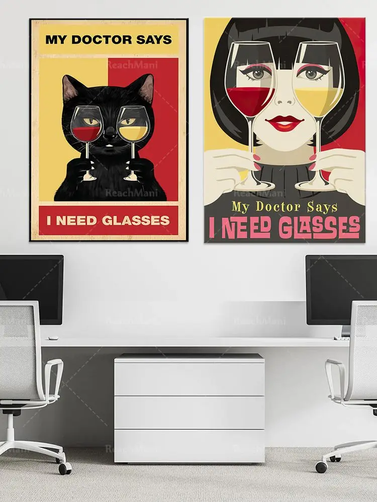 Affiche de chat drôle, mon médecin a dit que j'ai besoin de verres, impressions d'art de chat noir, cadeaux pour les amateurs de vin, art mural de vin, the be