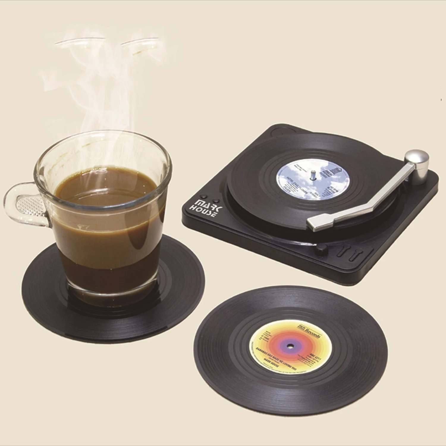 6 Pieces Vinyl Record Coasters Floppy Disk Cup Mat Bar Accessory Set Heat-Insulated Cup Coffee Mats Drinks Holder Home Decor