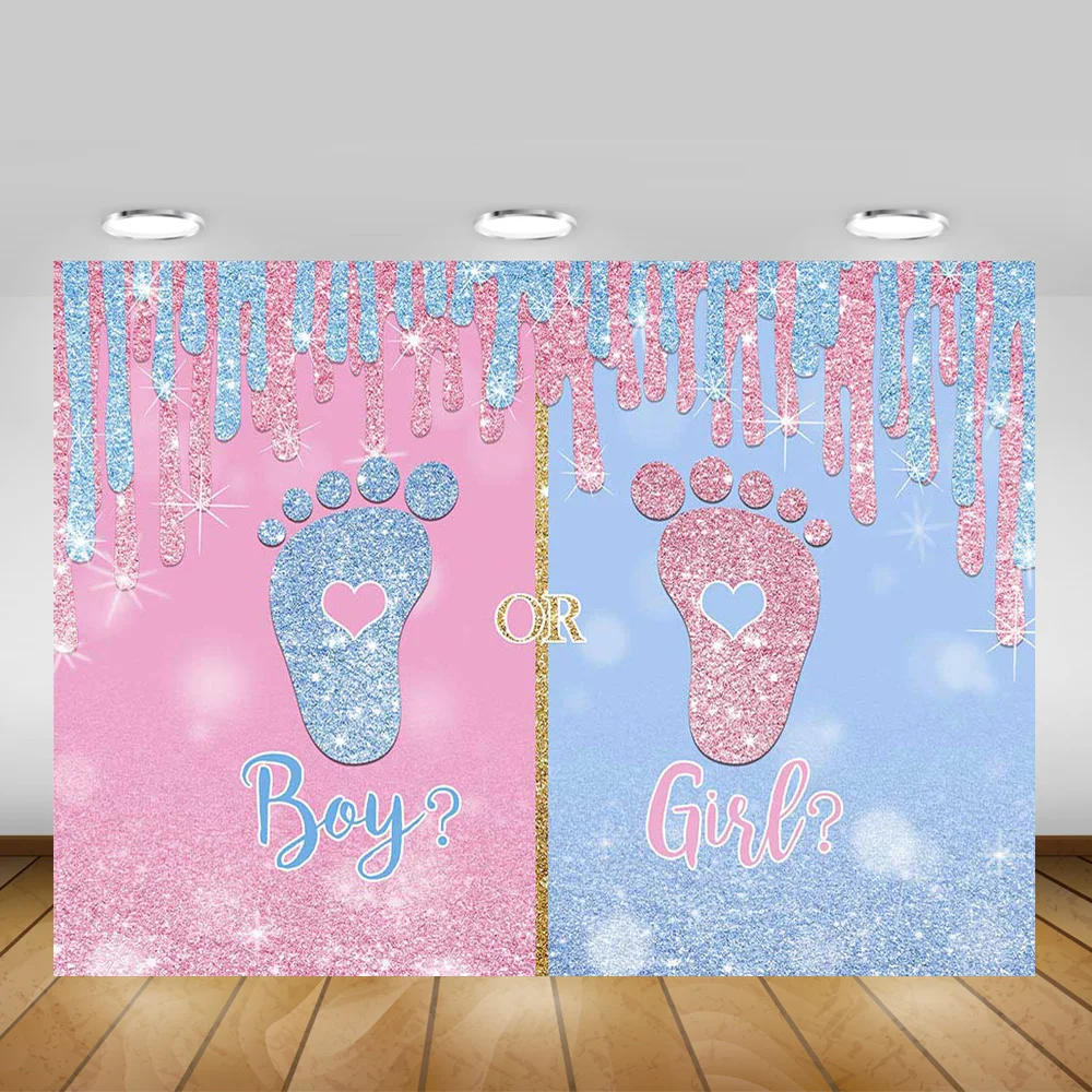 Kleine Füße Geschlecht Offenbaren Party Hintergrund Decor Junge oder Mädchen Neugeborenen Baby Dusche Foto Hintergrund Glitter Rosa oder Blau Photocall