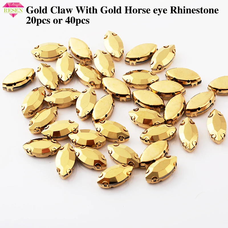 RESEN 20PCS Gold Sew-On Horse eye Rhinestone With Gold Claw Glass Aurum Color Crystal Rhinestone For Diy Clothing Dress