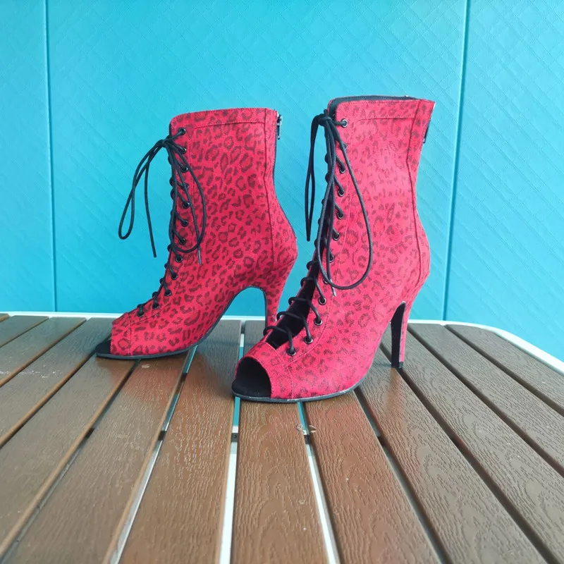Women Latin Dance Boot Red Leopard Bachata Salsa Dancing Shoes 10cm Woman Latin Ballroom Party Dance shoe DIY Girls Sandal Shoes