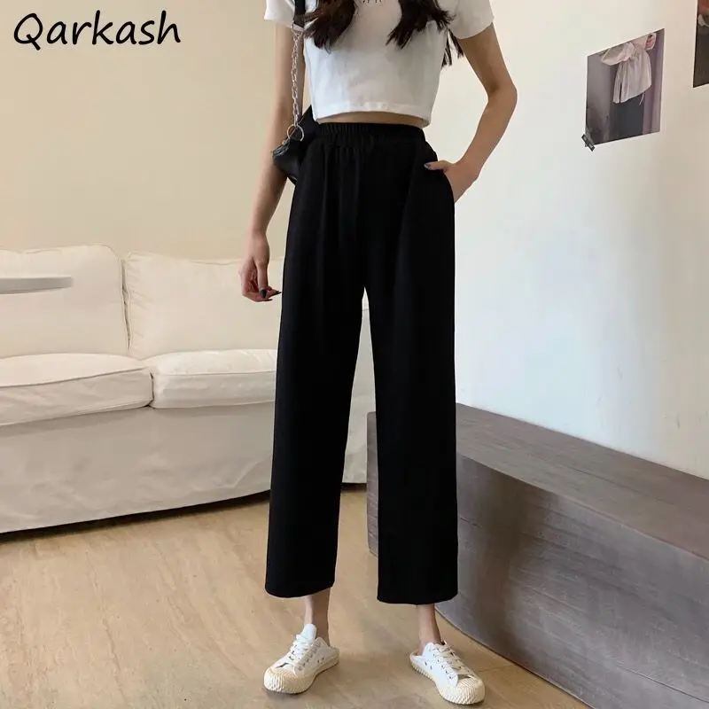 

Ankle Length Pants women Pockets Black Side-slit Empire Korean Irregular Loose Ins Casual All-match Summer Elastic Waist Trendy