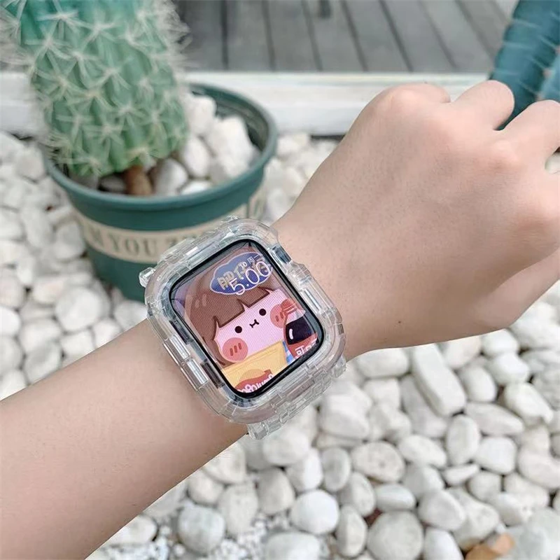 แถบใส + เคสสำหรับ Apple Watch 8 7 6 SE 5 3 2สายซิลิโคนใสนิ่มสำหรับสายรัด iWatch 40มม. 44มม. 42มม. 41มม. 45มม. 49มม.