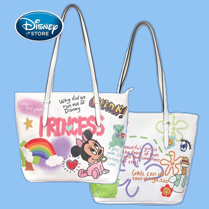 Disney Co-Branded Graffiti Cartoon Minnie Youth Girl Campus Large-Capacity PU Leather Shoulder Tote Bag Zipper Handbag For Women