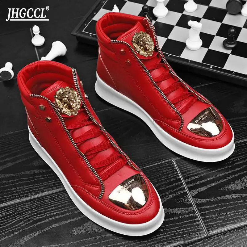Man\'s casual shoes high top board shoes metal casual leather boots men\'s street dancing shoes crease resistant casual shoes P4