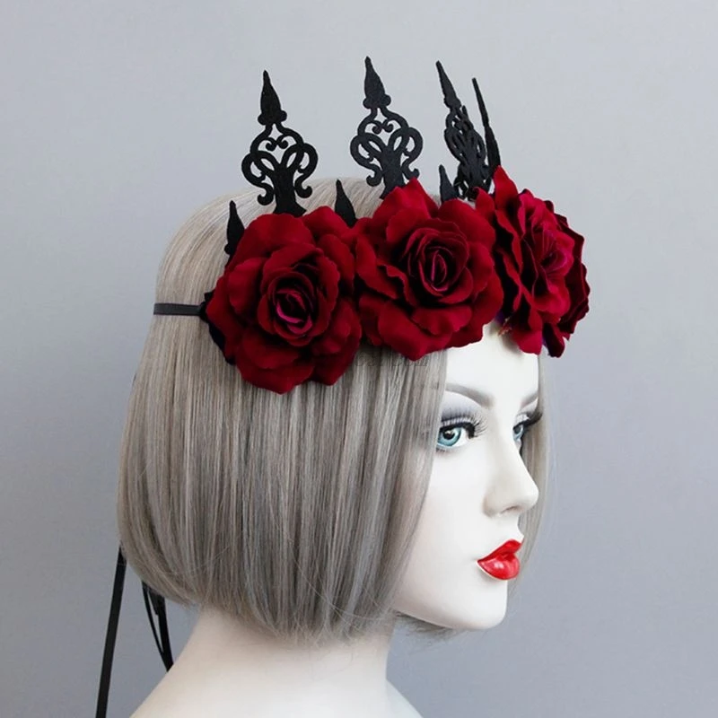 Lady Queen Head Wreath Vintage Gothic Black Crown Red Roses Tiara Headband Halloween Party Masquerade Cosplay