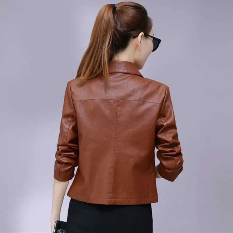 UHYTGF Leather Jacket Women\'s Fashion PU Washed Leather Casual Short Autumn Leather Coat Female Slim Wild Big Size Jacket 1339