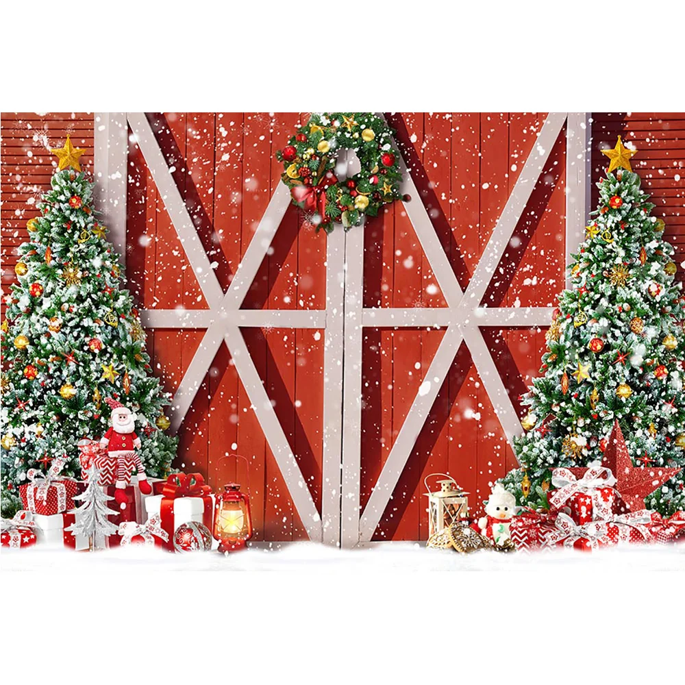 Fondo de puerta de Granero rojo Retro de Navidad, regalos de nieve de invierno, fondo de árboles de Navidad, foto de retrato de cumpleaños familiar para niños y adultos