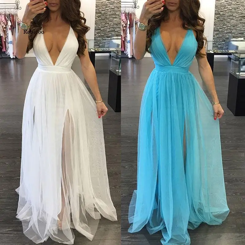 

New Sexy Deep V-Neck Women Summer Long Sexy Evening Party Tulle Dress Beach Dresses Sundress Long Dress