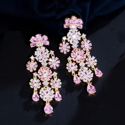 CWWZircons Long Tassel Flower Drop Pink Cubic Zirconia Stone Large Women Party Costume Wedding Earrings Jewelry for Brides CZ996