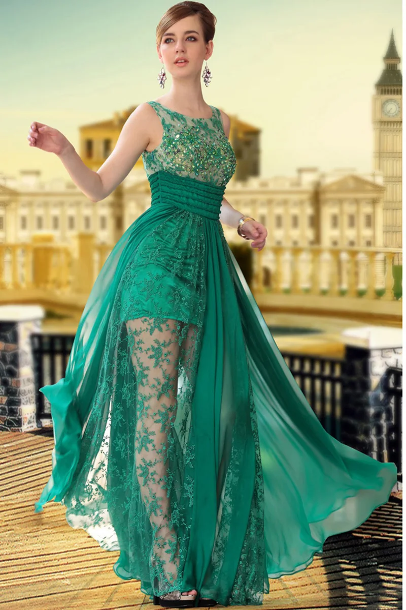 Formal Long Lace Evening Dresses 2015 New arrivals Sexy Green Chiffon A Line Long Elegant Prom Dresses Party Gowns Floor length