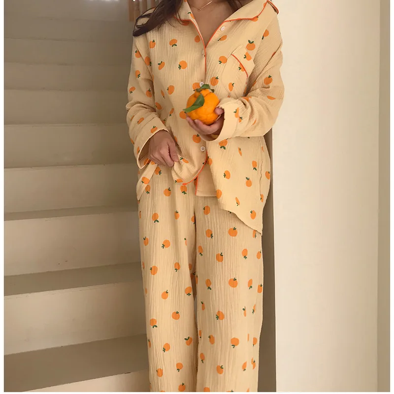 Autunm New Sweet Orange Printed Pajamas Women Cotton Korean  Sleepwear 2pcs Turn-down Collar Casual Homewear Shirt+pants Suir