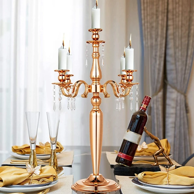 

Candelabra 5 Arm Gold Luxury Candle Holder Tall Candelabra for Wedding with Crystal Pendant 25.2" Height Candle Stands for 476