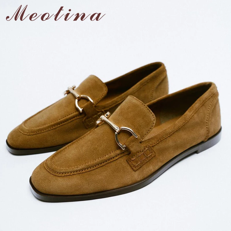 Meotina INS  ZA Women Loafers Shoes Genuine Leather Flat Shoes Metal Decoration Round Toe Ladies Footwear Spring Autumn Black 43