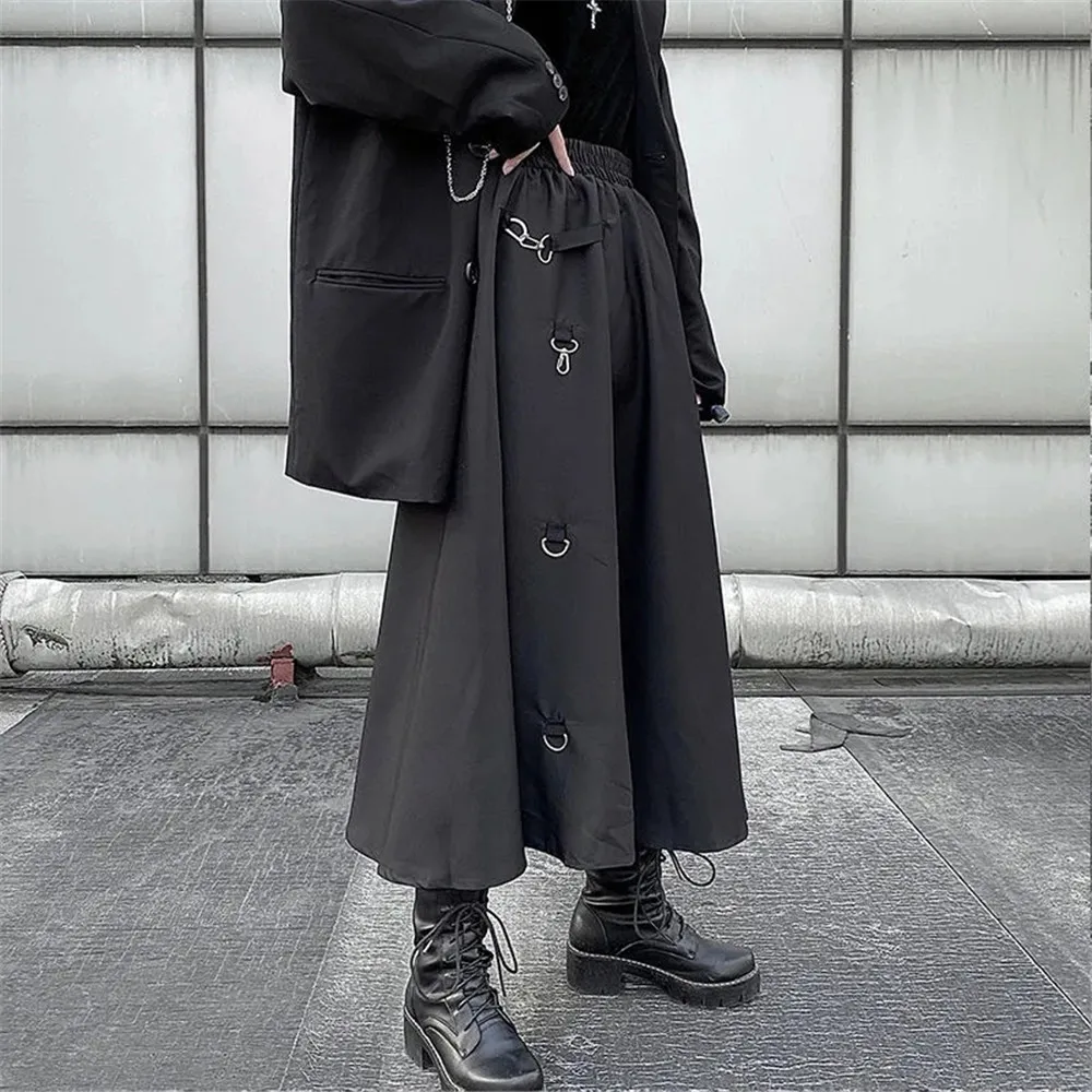Loose Hip-Hop Punk Elastic High Waist Cargo Skirt Women Korean Ulzzang Casual Gothic Long Dark Skirt 2021 Streetwear Black Saia