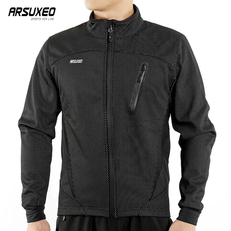 ARSUXEO Fleece Cycling Jacket Man Winter Thermal Mountain Bike Jacket Waterproof Bicycle Coat Windproof Reflective MTB Jacket