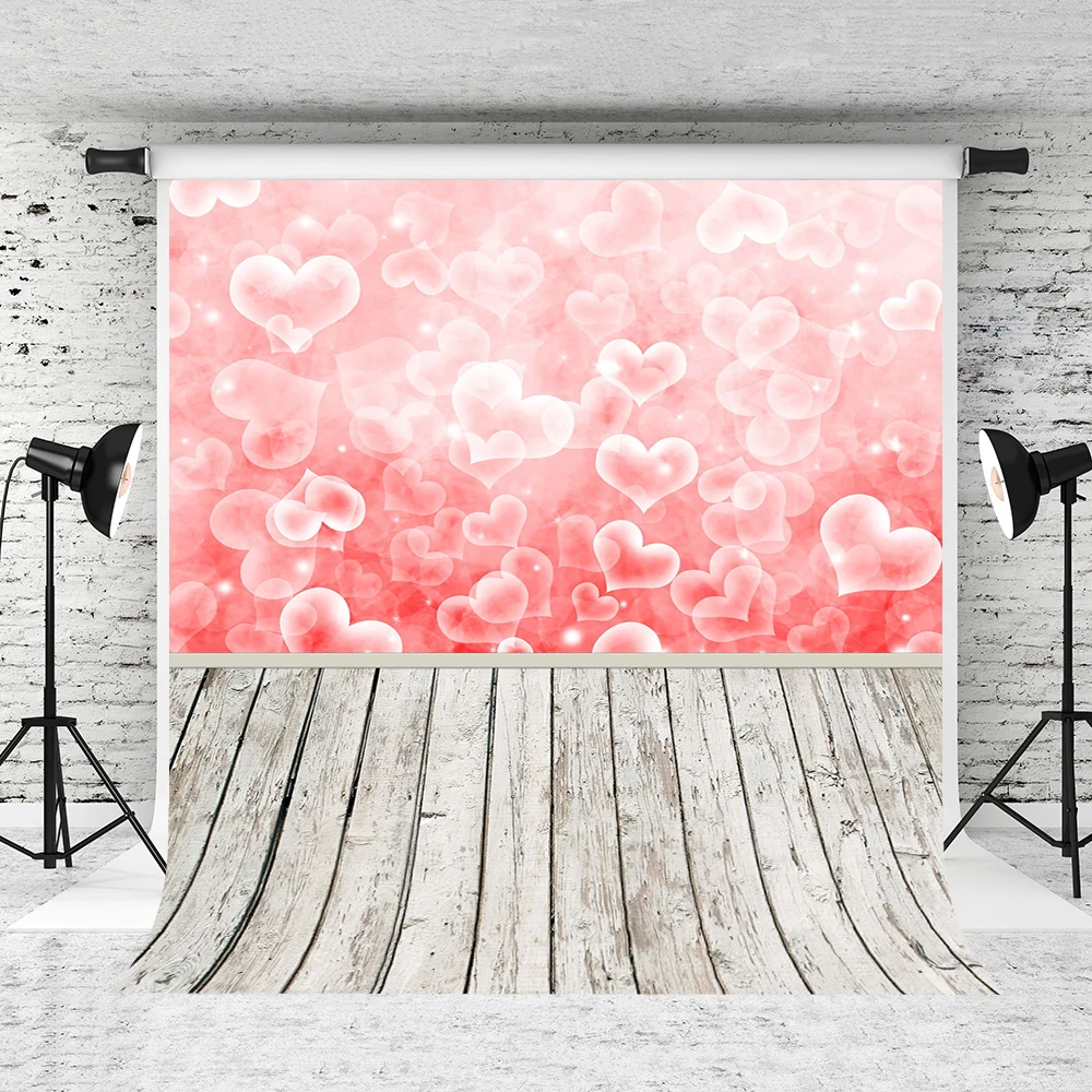 

VinylBDS Pink Heart Valentine'S Day Photography Backdrops Wood Floor Backgrounds For Photo Studio Children Photocall Backdrop