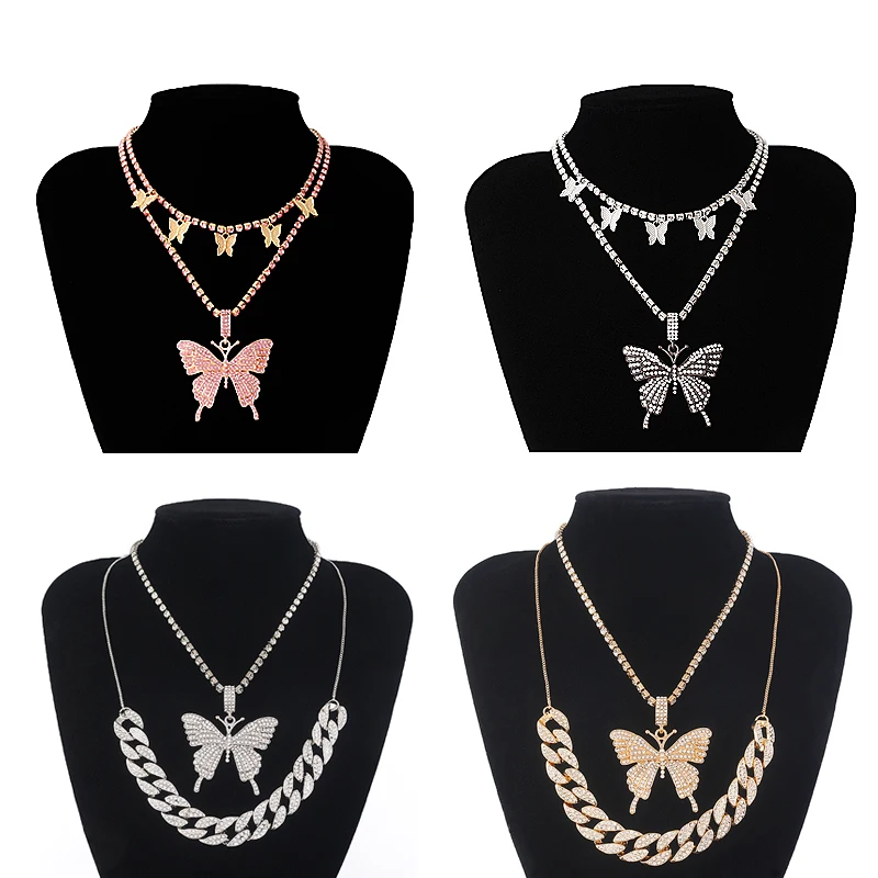 Iced Out Cuban Link Chain Butterfly Choker Necklace 2 Layered Bling Tennis Chain Crystal Necklaces for Women Jewelry Gift