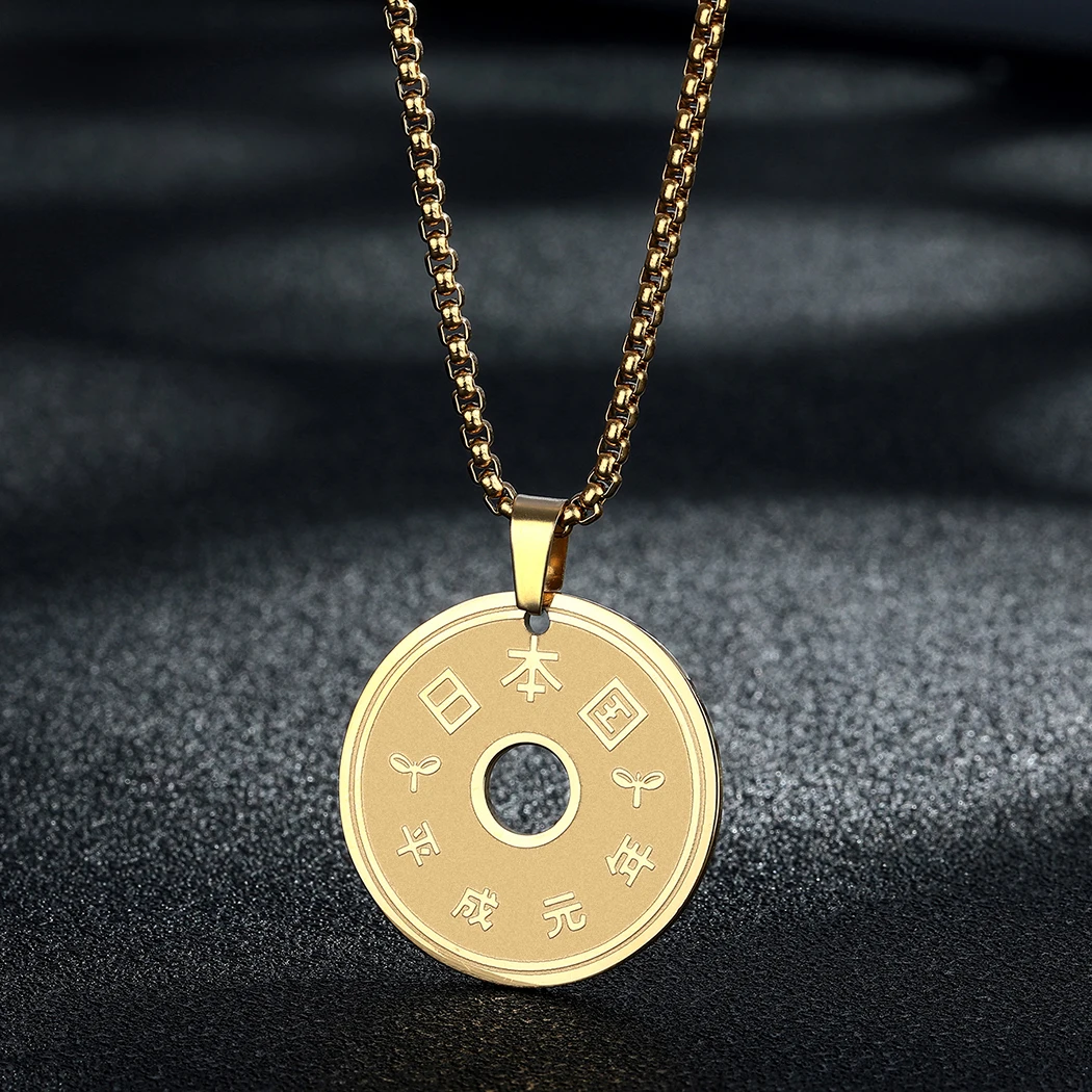 

Kinitial Stainless Steel Coin Charm Pendant Necklace for Men's Women's Choker Necklace Japanese Coin Statement Jewelry Gift